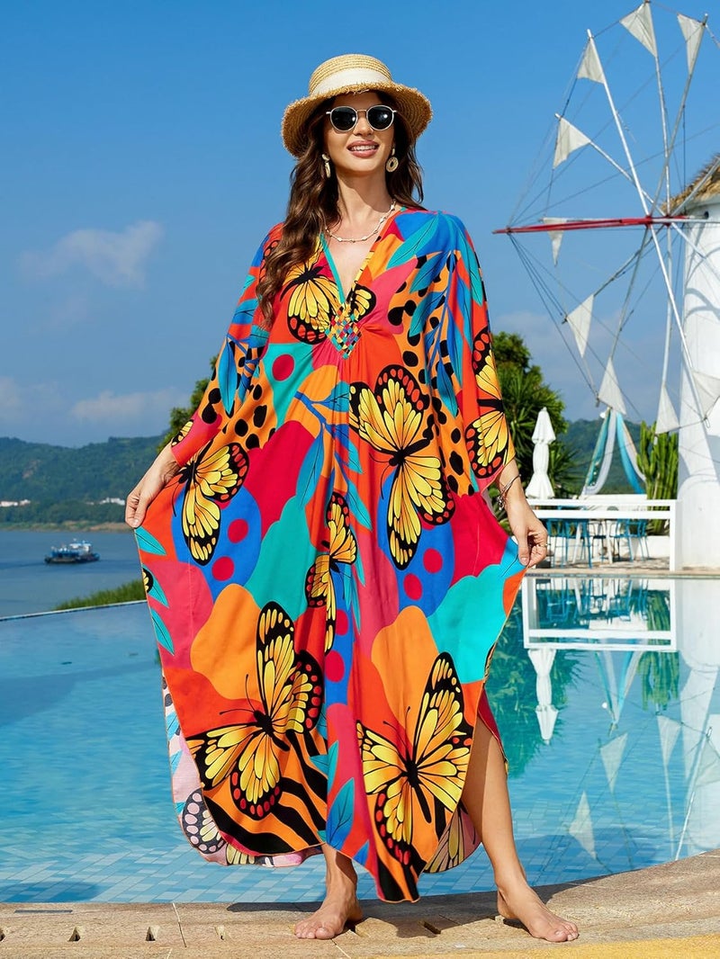 IMAGEKOPE Women's Plus Size Animal Print V-Neck Batwing Kaftan Beach Dress Bathing Suit Cover-Up Loungewear - Image 5